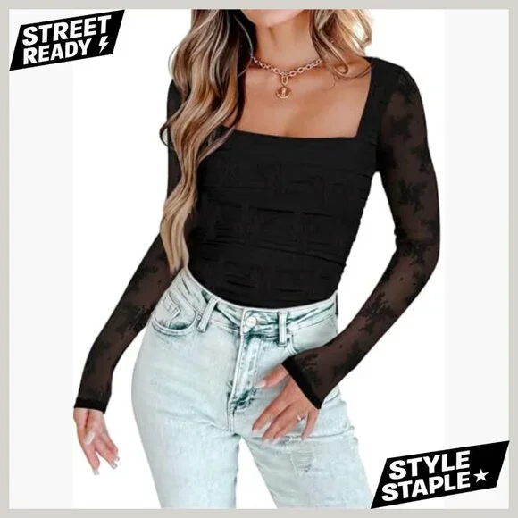 Mesh Long Sleeve Bodysuit Square Neck Ruched Top X-Small